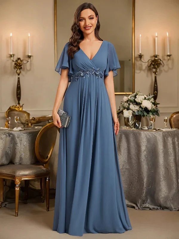 Elegant Evening Dress V Neck Appliques Pleated Floor-Length 2024 Ever Pretty of Lace applique Dark Green Bridesmaid Dress