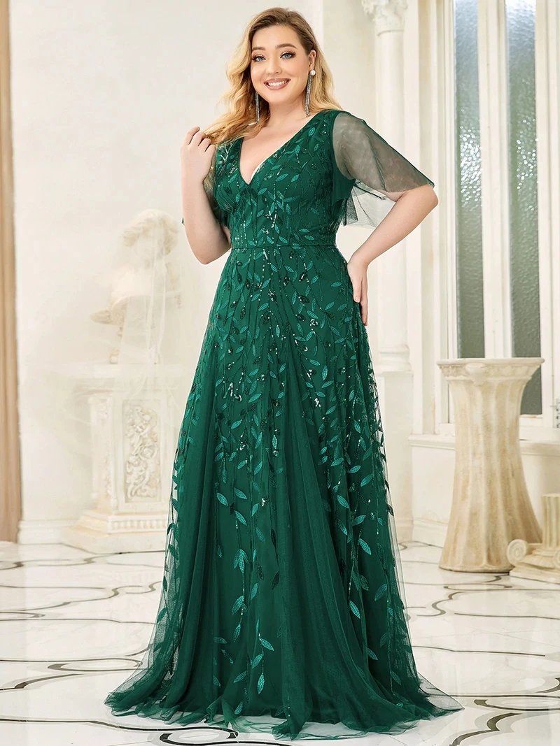 Plus Size Evening Dresses Long A-LINE Deep V-Neck Half Sleeves Floor-Length Gown 2024 Ever Pretty of GauzeDark Green Women Dress