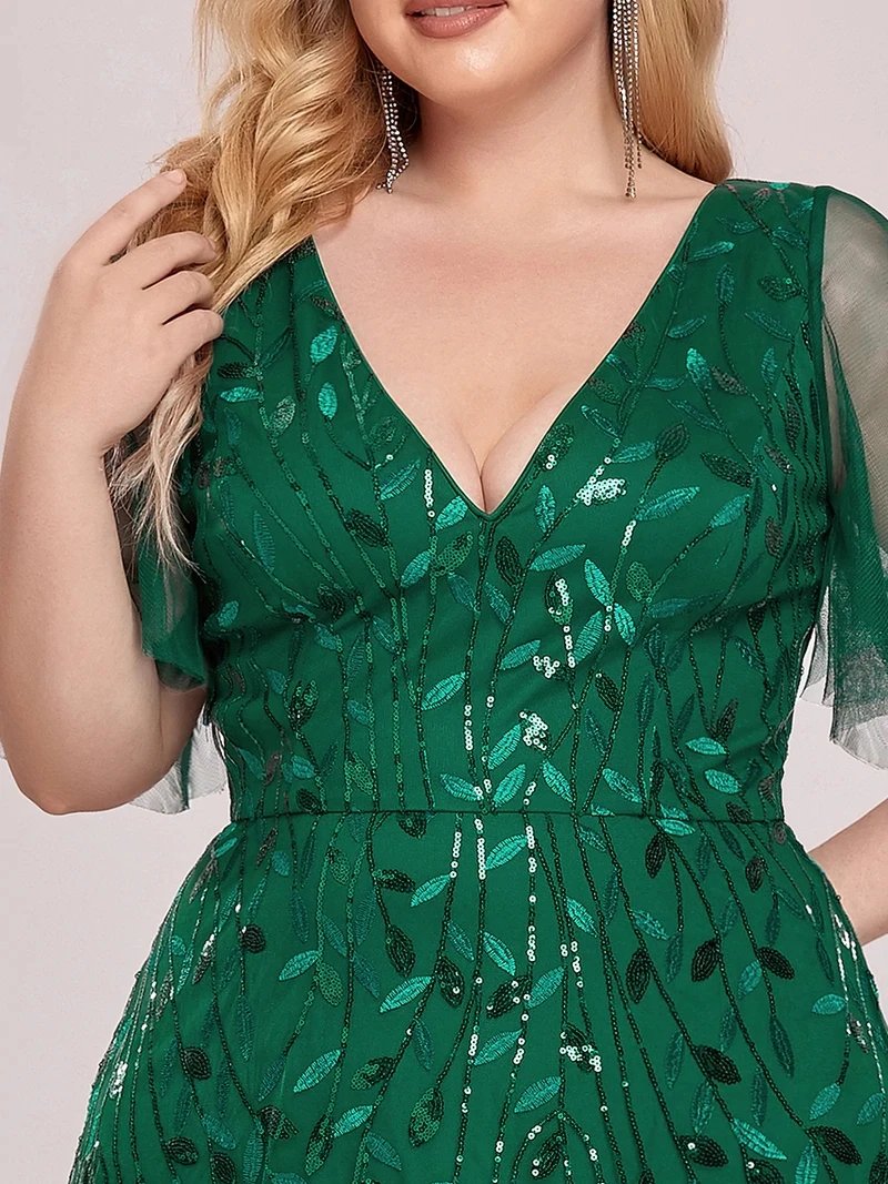 Plus Size Evening Dresses Long A-LINE Deep V-Neck Half Sleeves Floor-Length Gown 2024 Ever Pretty of GauzeDark Green Women Dress