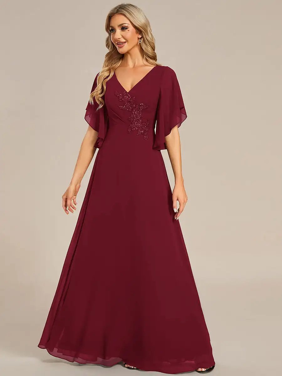 Elegant Evening Dresses Maxi Long Floral Embroidery With Short Sleeves 2024 Ever pretty of Chiffon Burgundy Bridesmaid dress