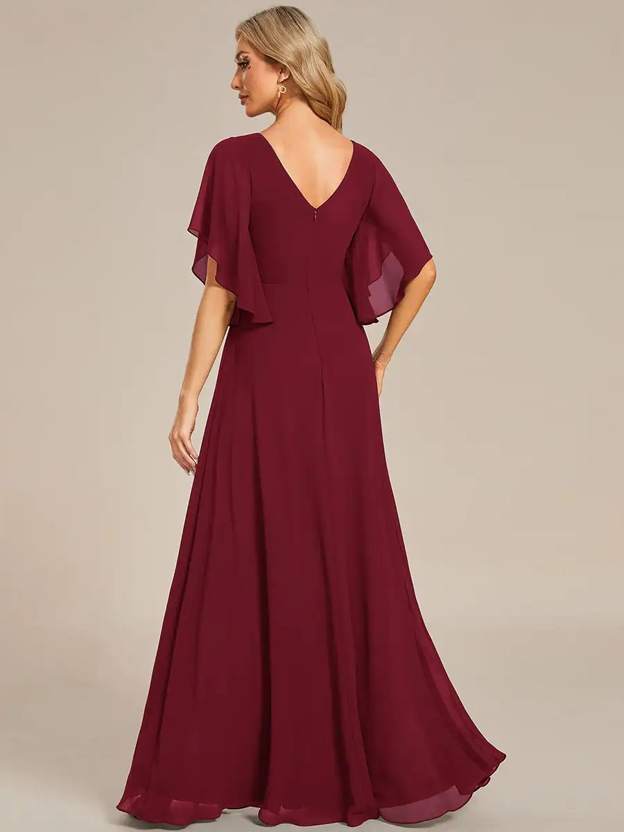 Elegant Evening Dresses Maxi Long Floral Embroidery With Short Sleeves 2024 Ever pretty of Chiffon Burgundy Bridesmaid dress