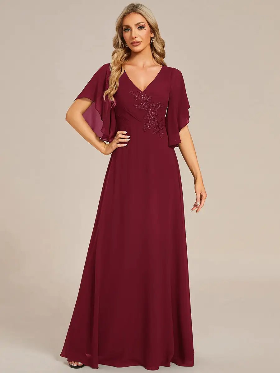 Elegant Evening Dresses Maxi Long Floral Embroidery With Short Sleeves 2024 Ever pretty of Chiffon Burgundy Bridesmaid dress