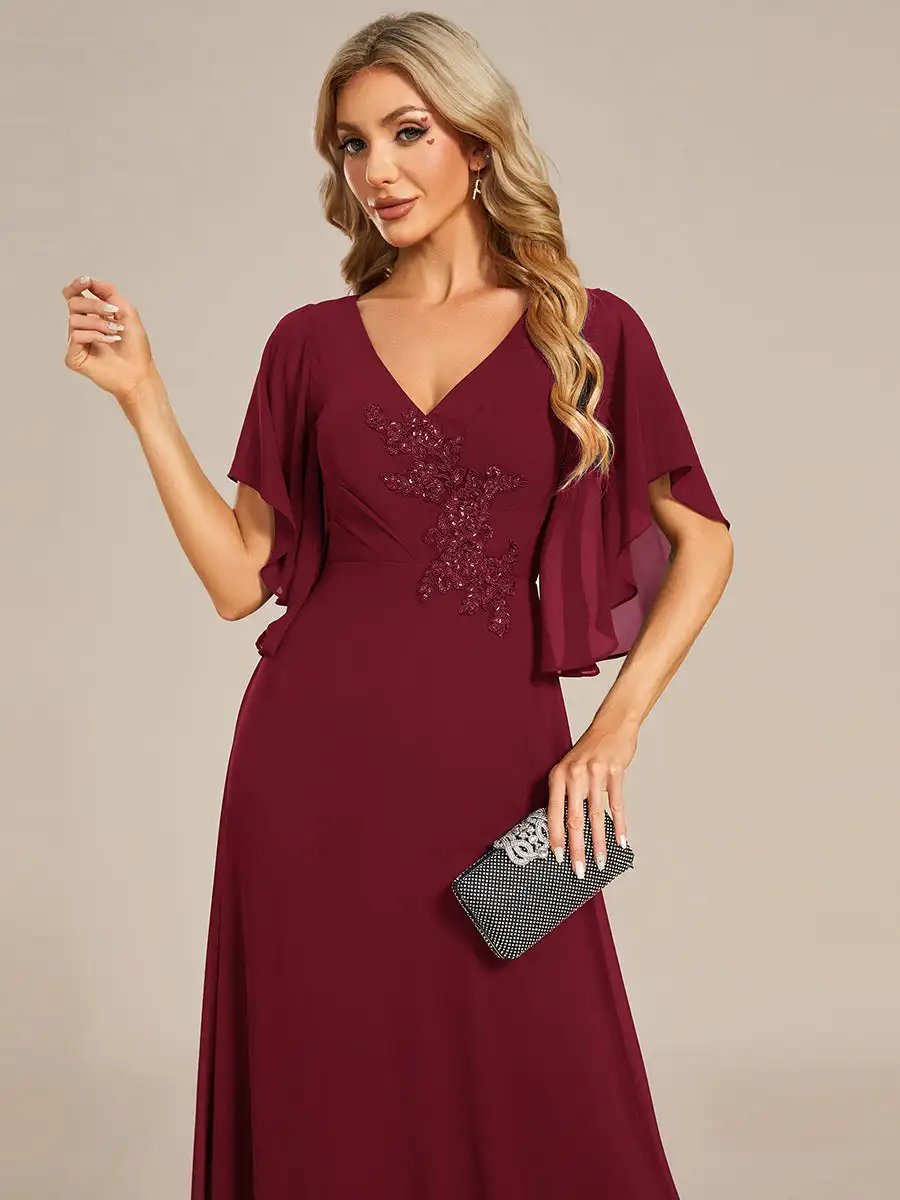 Elegant Evening Dresses Maxi Long Floral Embroidery With Short Sleeves 2024 Ever pretty of Chiffon Burgundy Bridesmaid dress