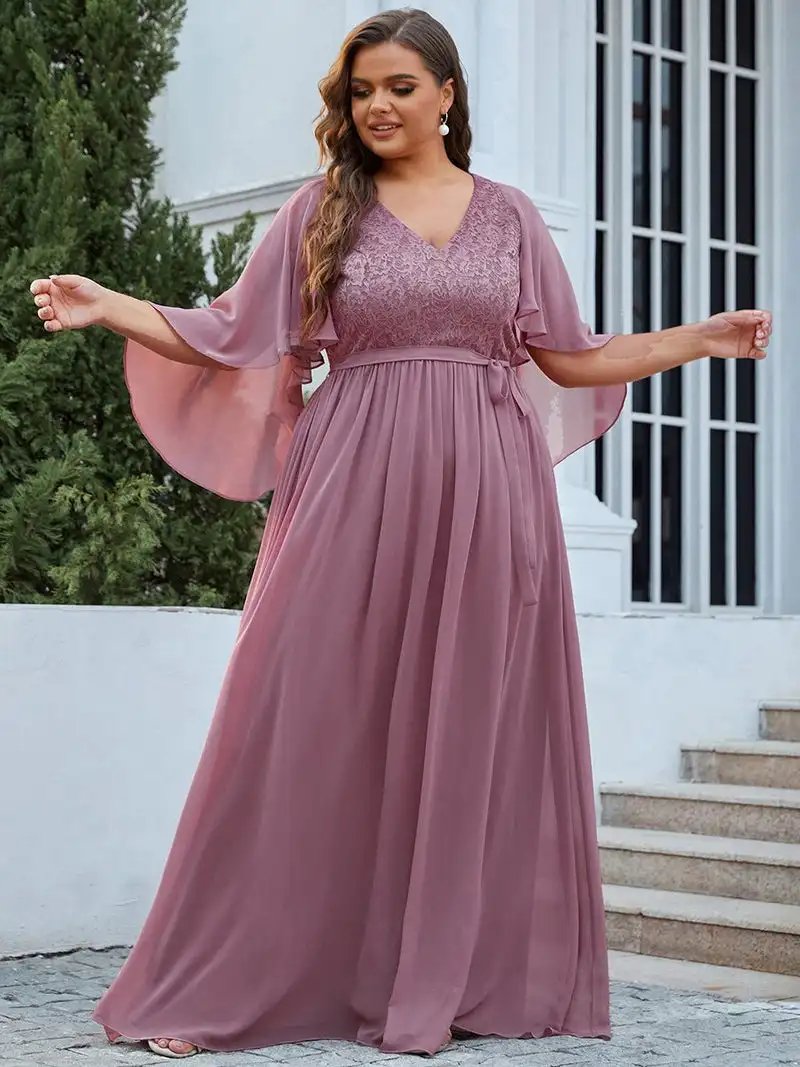 Plus Size Deep V Neck Ruffle Edge Sleeves Floor Length Ever Pretty of 2024 Belt Lace Burgundy Bridesmaid dress