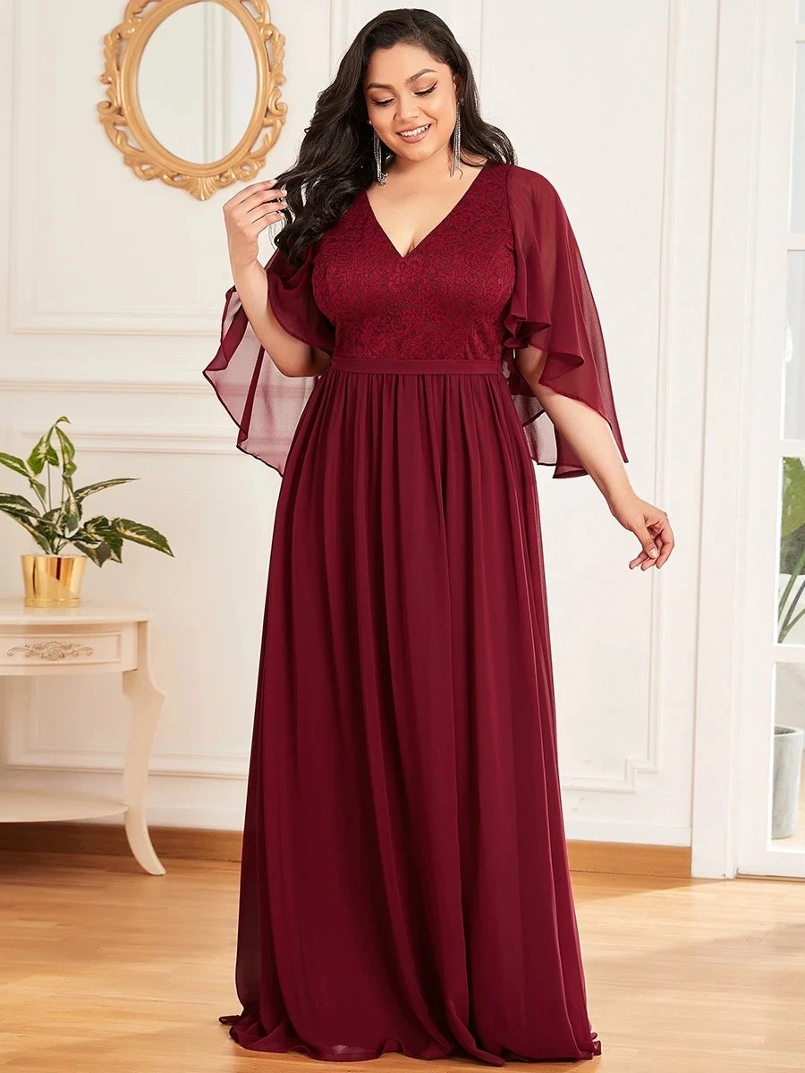 Plus Size Deep V Neck Ruffle Edge Sleeves Floor Length Ever Pretty of 2024 Belt Lace Burgundy Bridesmaid dress