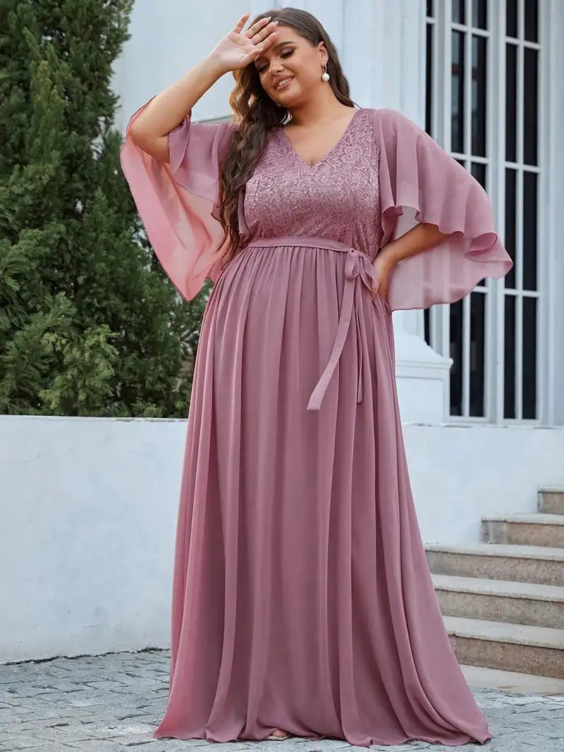 Plus Size Deep V Neck Ruffle Edge Sleeves Floor Length Ever Pretty of 2024 Belt Lace Burgundy Bridesmaid dress