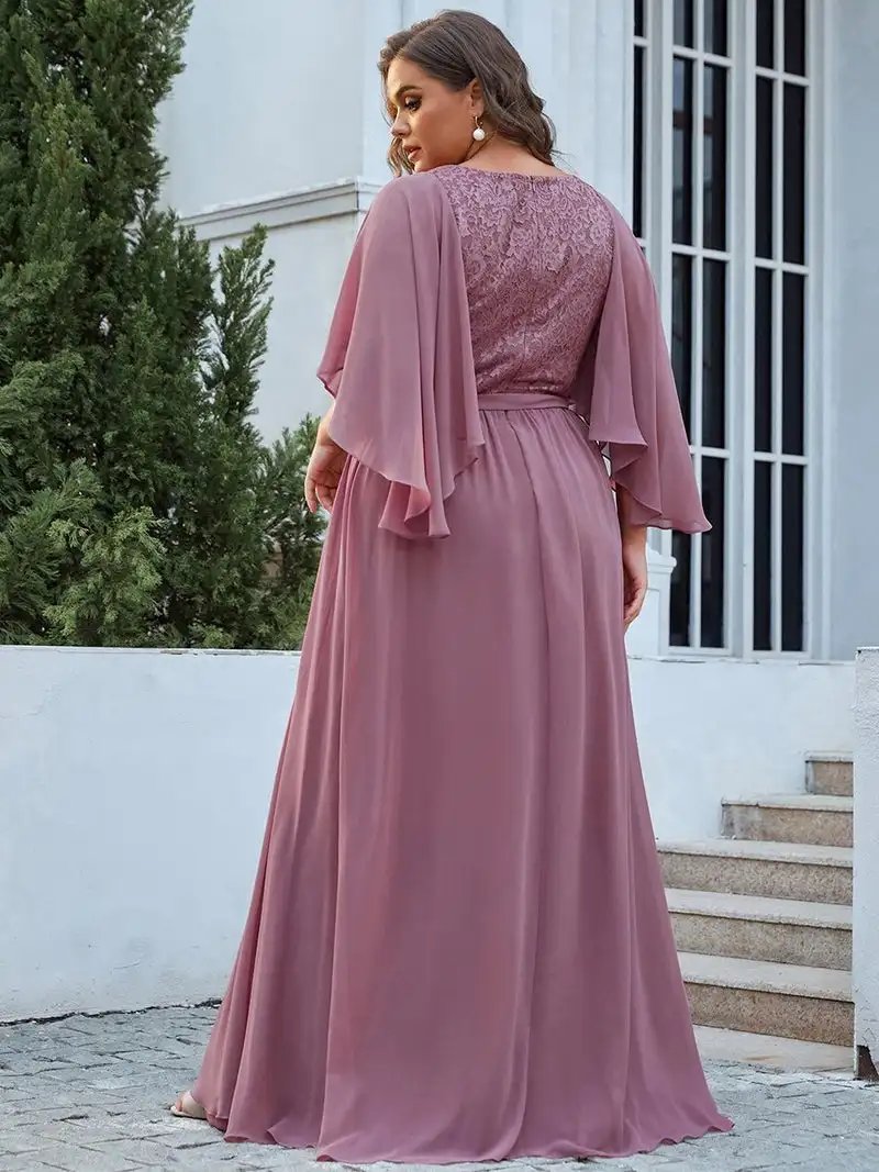 Plus Size Deep V Neck Ruffle Edge Sleeves Floor Length Ever Pretty of 2024 Belt Lace Burgundy Bridesmaid dress