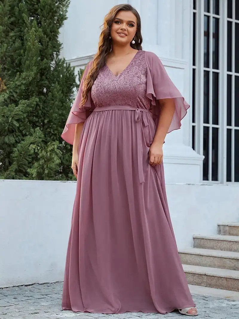 Plus Size Deep V Neck Ruffle Edge Sleeves Floor Length Ever Pretty of 2024 Belt Lace Burgundy Bridesmaid dress