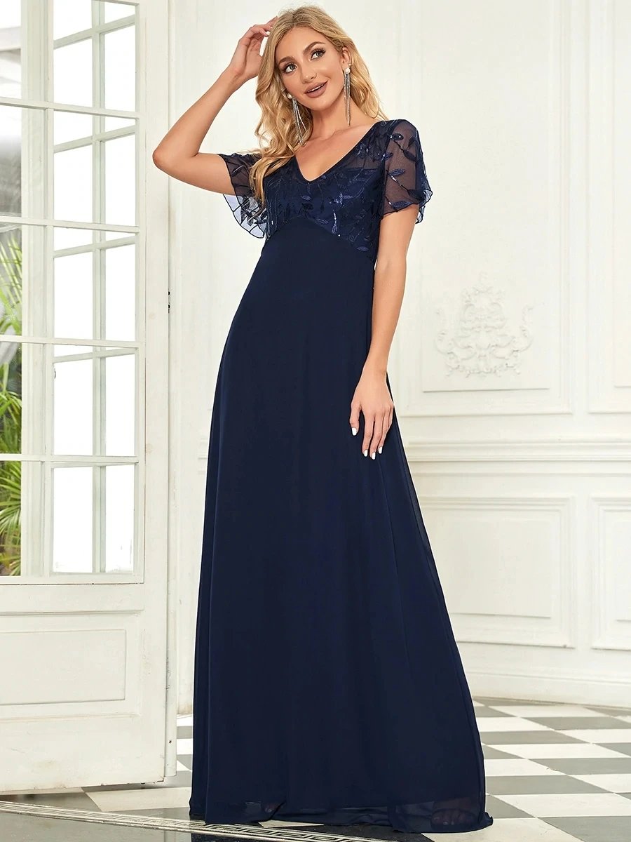 Elegant Evening Dresses V-Neck Short Sleeve A-LINE Lace Floor-Length Gown 2024 Ever pretty of Navy Blue Simple Prom Dress Women