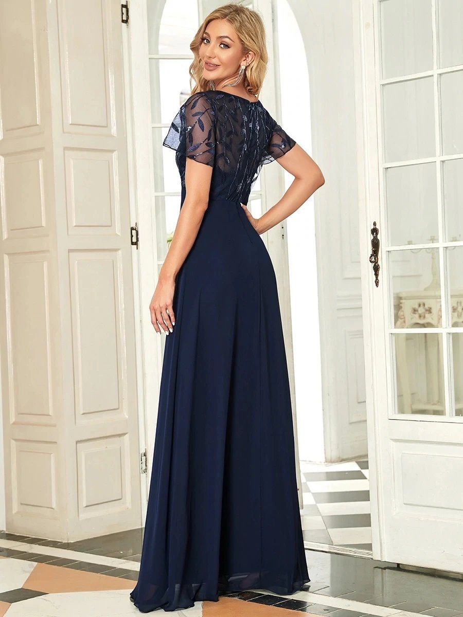 Elegant Evening Dresses V-Neck Short Sleeve A-LINE Lace Floor-Length Gown 2024 Ever pretty of Navy Blue Simple Prom Dress Women