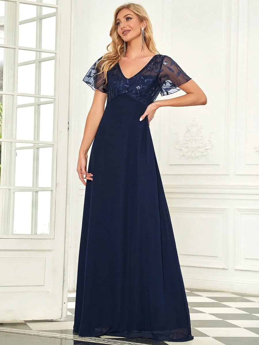 Elegant Evening Dresses V-Neck Short Sleeve A-LINE Lace Floor-Length Gown 2024 Ever pretty of Navy Blue Simple Prom Dress Women