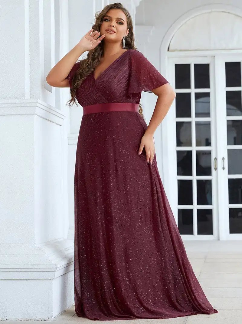 Plus Size Evening Dress Deep V Neck Ruffles Sleeve 2024 Ever Pretty of Shine Chiffon A-Line Burgundy Bridesmaid Dresses