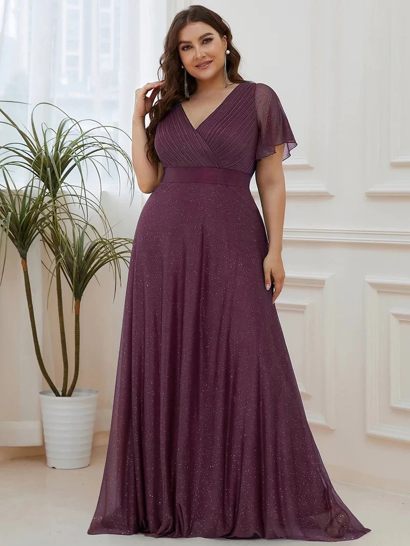 Plus Size Evening Dress Deep V Neck Ruffles Sleeve 2024 Ever Pretty of Shine Chiffon A-Line Burgundy Bridesmaid Dresses