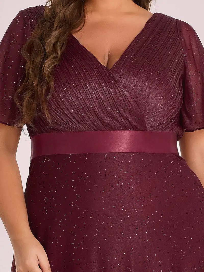 Plus Size Evening Dress Deep V Neck Ruffles Sleeve 2024 Ever Pretty of Shine Chiffon A-Line Burgundy Bridesmaid Dresses