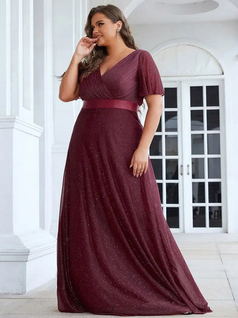 Plus Size Evening Dress Deep V Neck Ruffles Sleeve 2024 Ever Pretty of Shine Chiffon A-Line Burgundy Bridesmaid Dresses