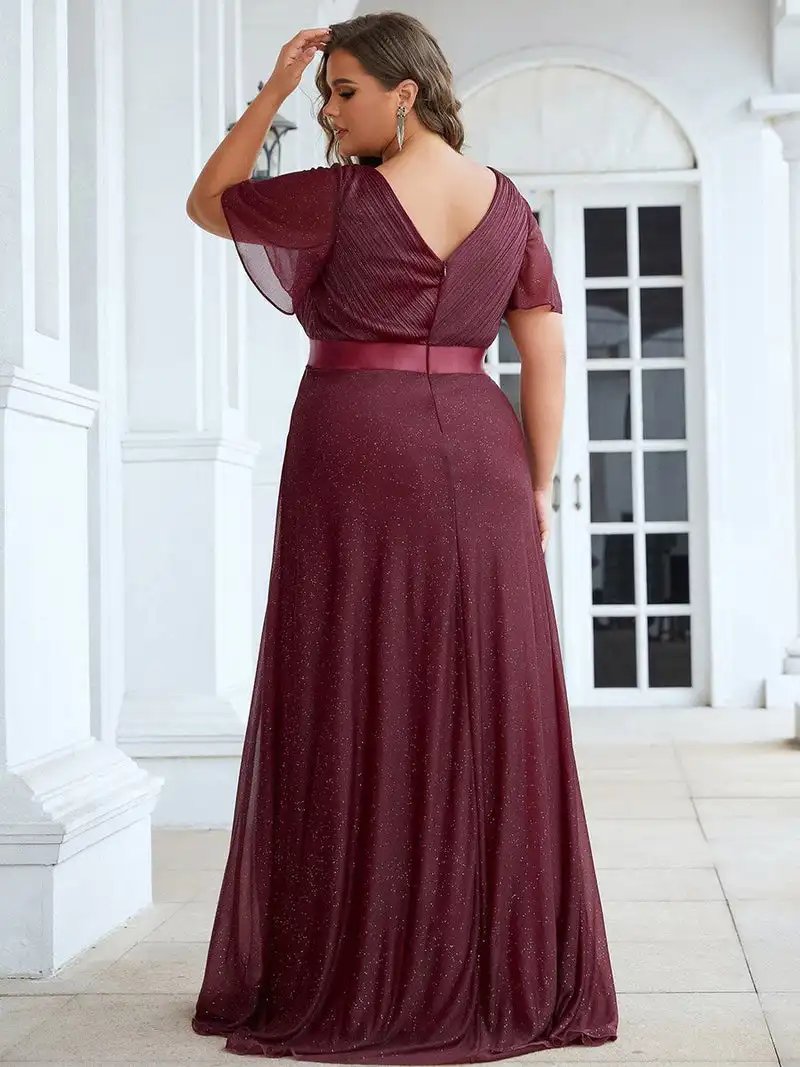 Plus Size Evening Dress Deep V Neck Ruffles Sleeve 2024 Ever Pretty of Shine Chiffon A-Line Burgundy Bridesmaid Dresses