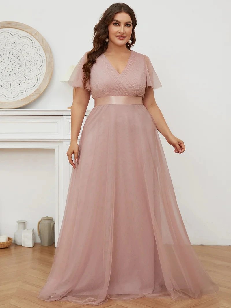 Plus Size Elegant Evening Dress Long V neck Lace Sleeves A-Line  Floor-Length Gown 2024 Ever Pretty of Simple Prom Wome Dress