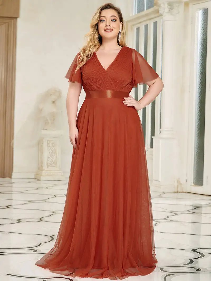 Plus Size Elegant Evening Dress Long V neck Lace Sleeves A-Line  Floor-Length Gown 2024 Ever Pretty of Simple Prom Wome Dress