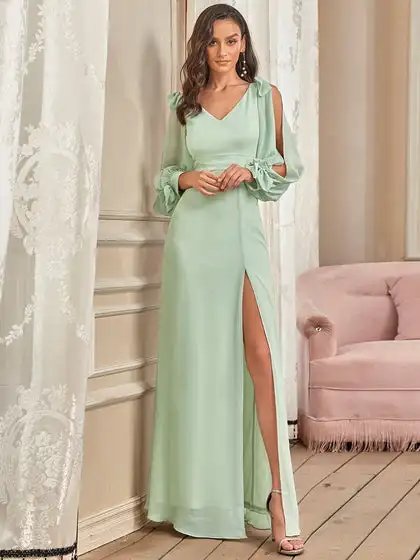 Elegant Evening Dress Long A-LINE V-Neck Full Sleeves Floor-Length Mint Green Gown 2024 ever pretty of Chiffon Bridesmaid Dress