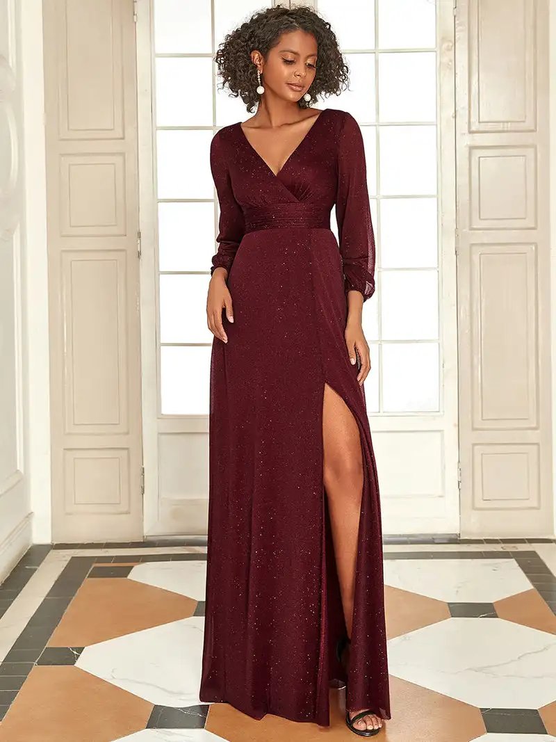 Gorgeous Evening Dresses Deep V-Neck Sequin Long Sleeves Ever Pretty of 2024 Shiny Dark Purple Bridesmaid dresses