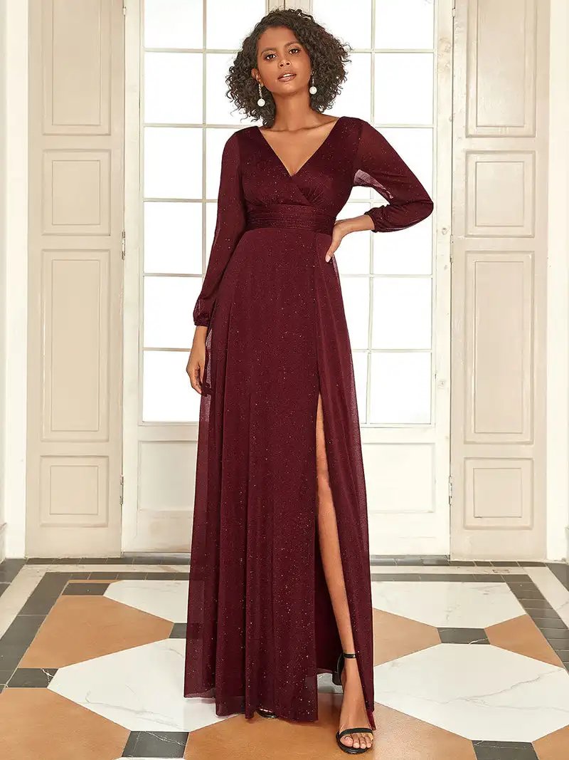 Gorgeous Evening Dresses Deep V-Neck Sequin Long Sleeves Ever Pretty of 2024 Shiny Dark Purple Bridesmaid dresses