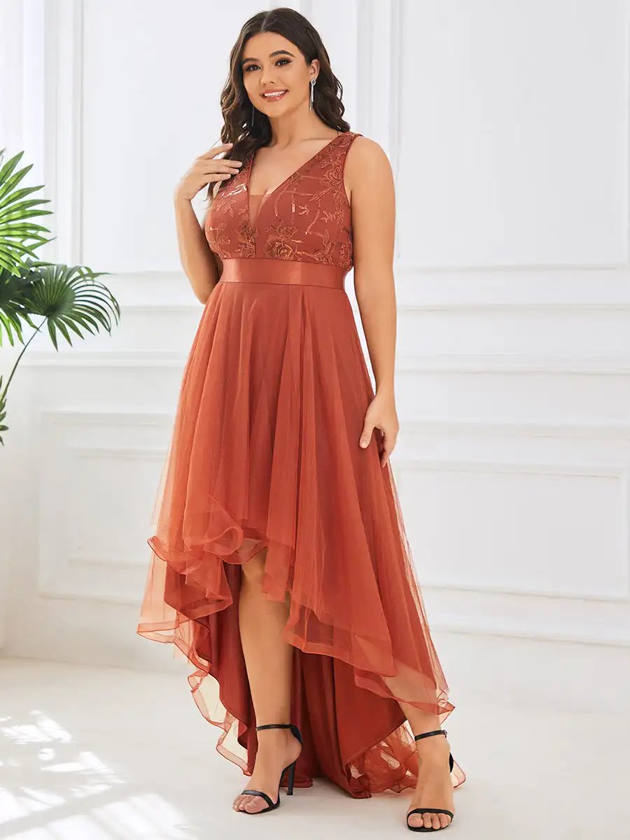 Plus Evening Dresses Sleeveless High-Low V Neck Tulle 2024 Ever pretty of Prom Dresses with Burnt Orange Sequin Appliques Gown