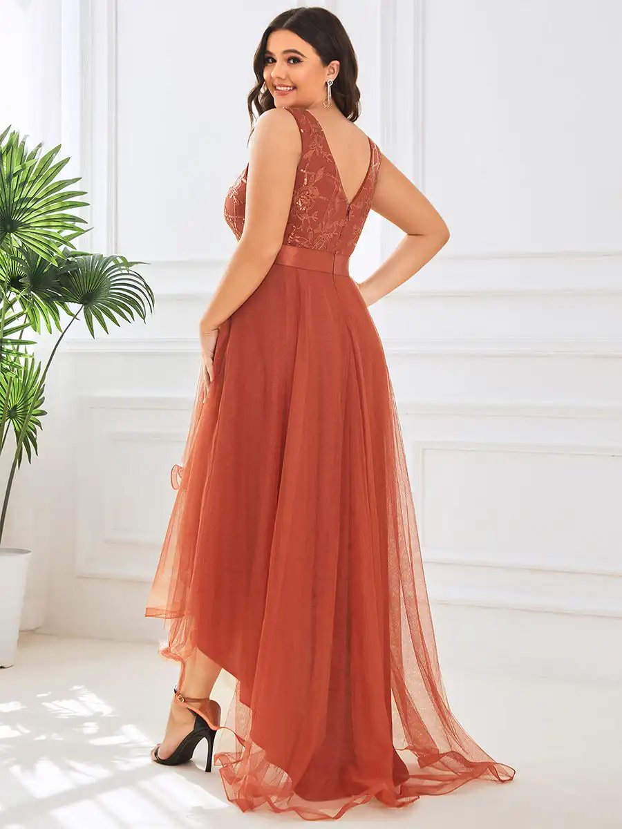 Plus Evening Dresses Sleeveless High-Low V Neck Tulle 2024 Ever pretty of Prom Dresses with Burnt Orange Sequin Appliques Gown