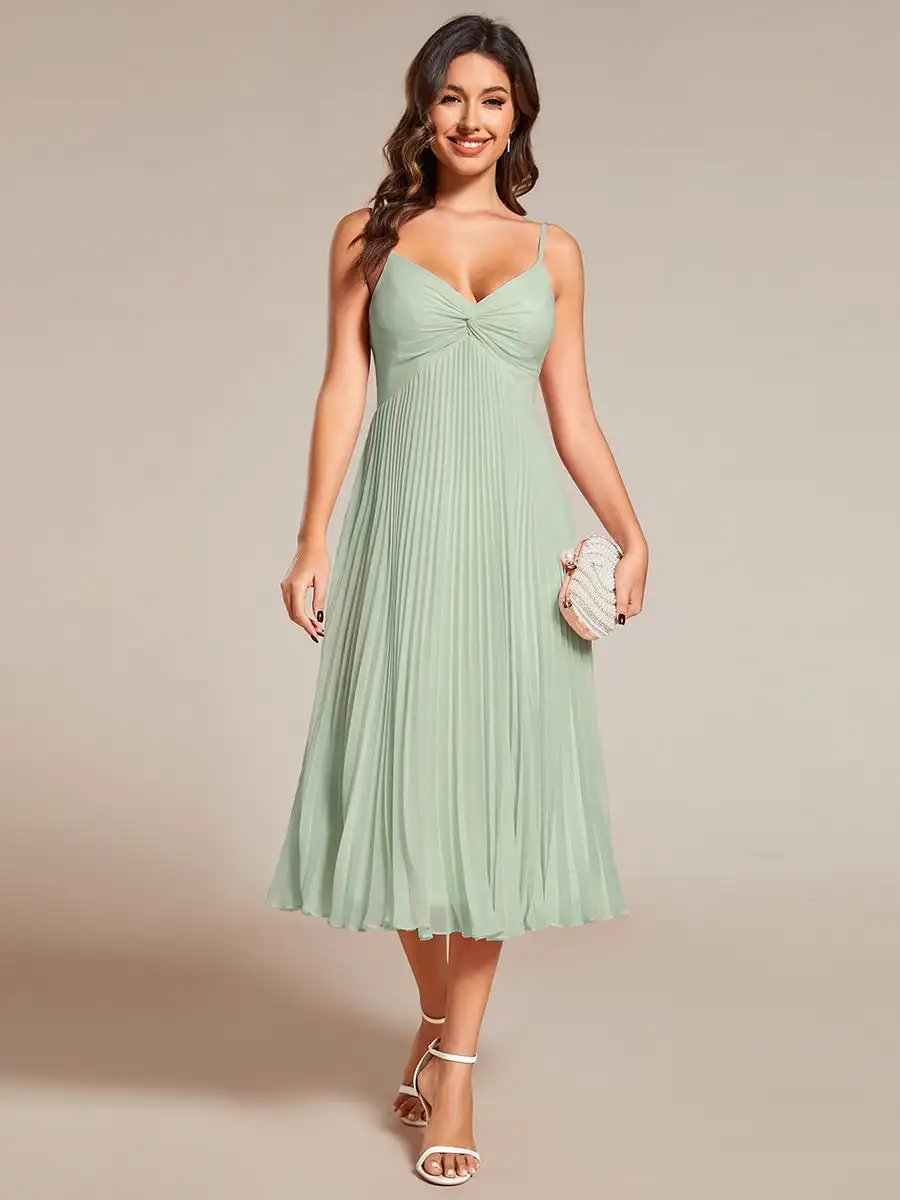 Elegant Evening Dresses Deep V-neck Bownot Neck Midi Length 2024 Ever Pretty of Chiffon Mint Green Wedding Guest Dress