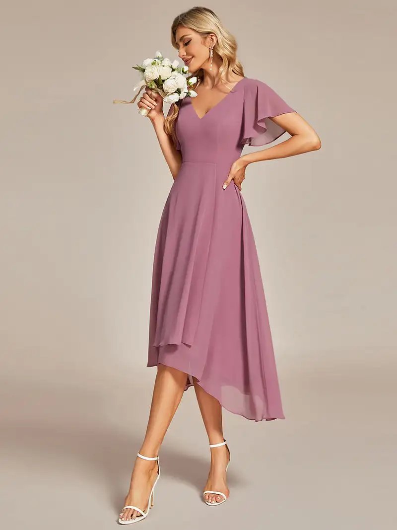 Elegant Evening Dresses V-Neck High Low Ruffles Hidden zipper Mid-calf 2024 Ever Pretty of Chiffon Orchid Bridesmaid Dresses