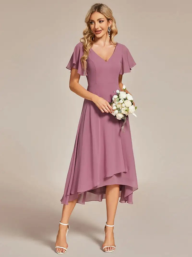 Elegant Evening Dresses V-Neck High Low Ruffles Hidden zipper Mid-calf 2024 Ever Pretty of Chiffon Orchid Bridesmaid Dresses