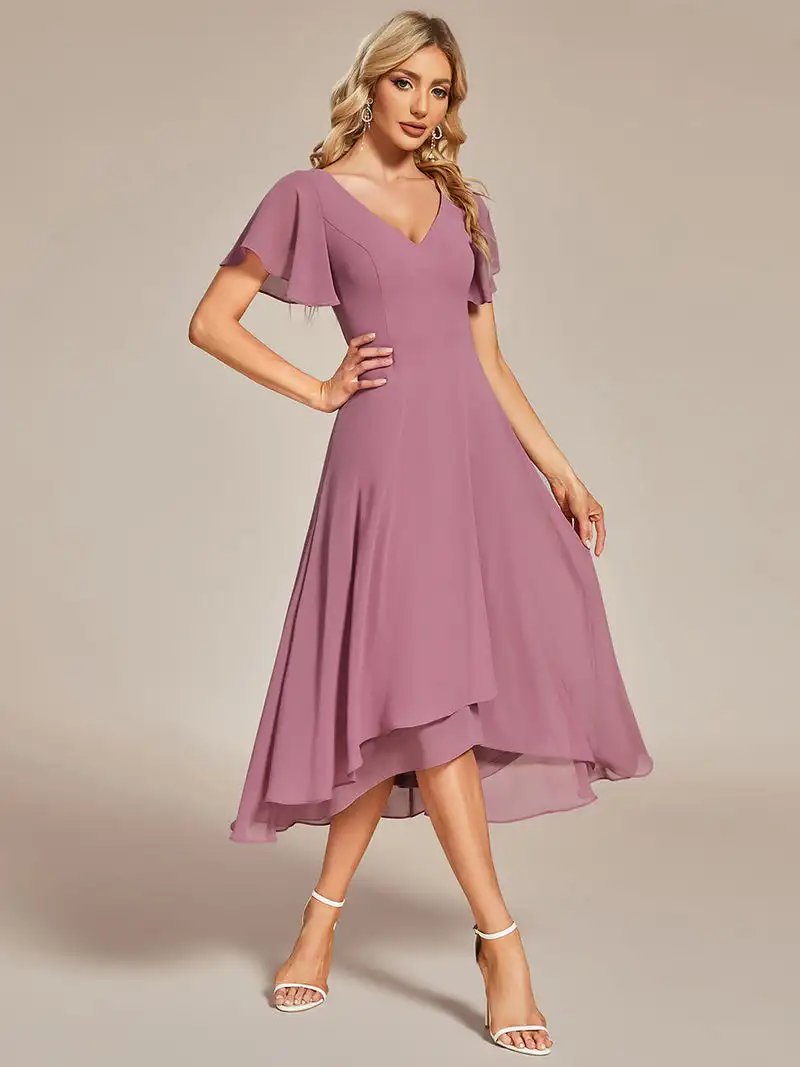 Elegant Evening Dresses V-Neck High Low Ruffles Hidden zipper Mid-calf 2024 Ever Pretty of Chiffon Orchid Bridesmaid Dresses