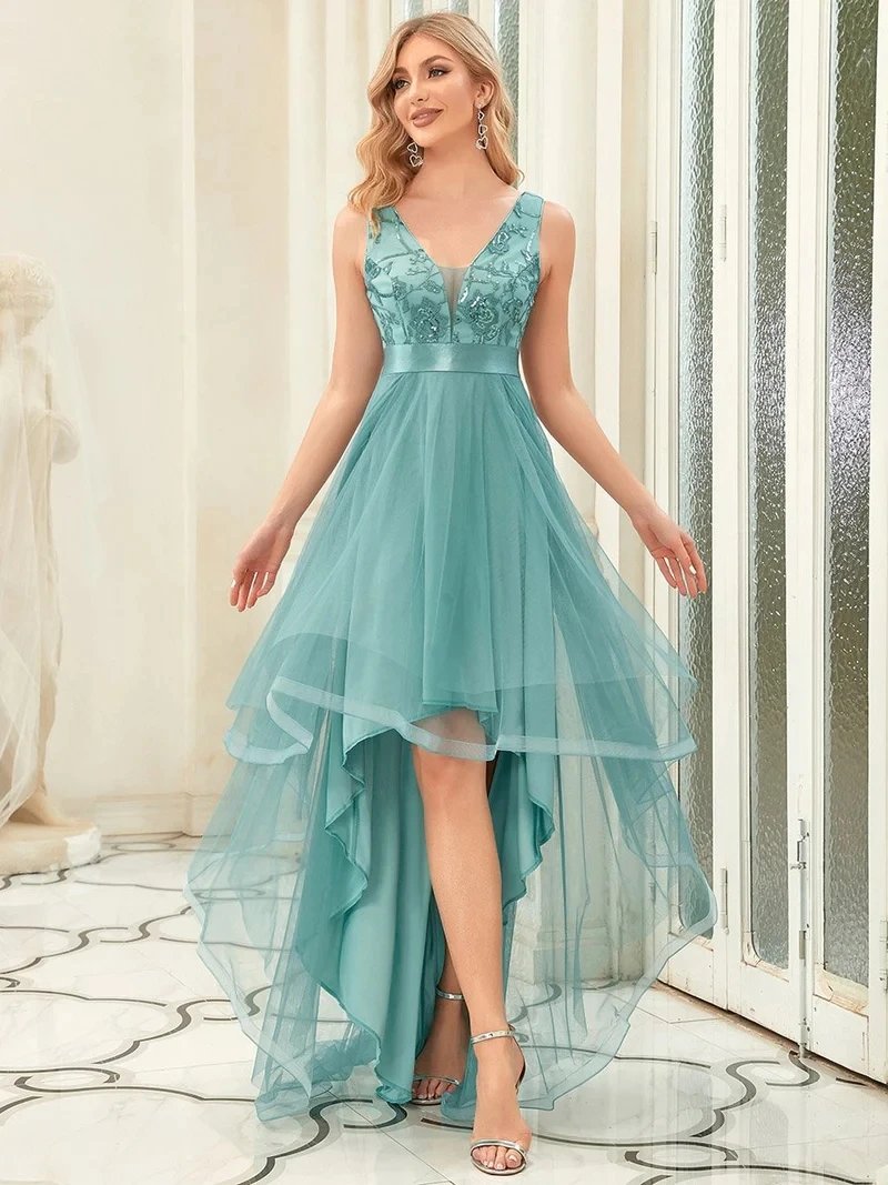 Elegant Evening Dresses Sleeveless High-Low V Neck Tulle 2024 Ever pretty of Prom Dresses with Navy Blue Sequin Appliques Gown