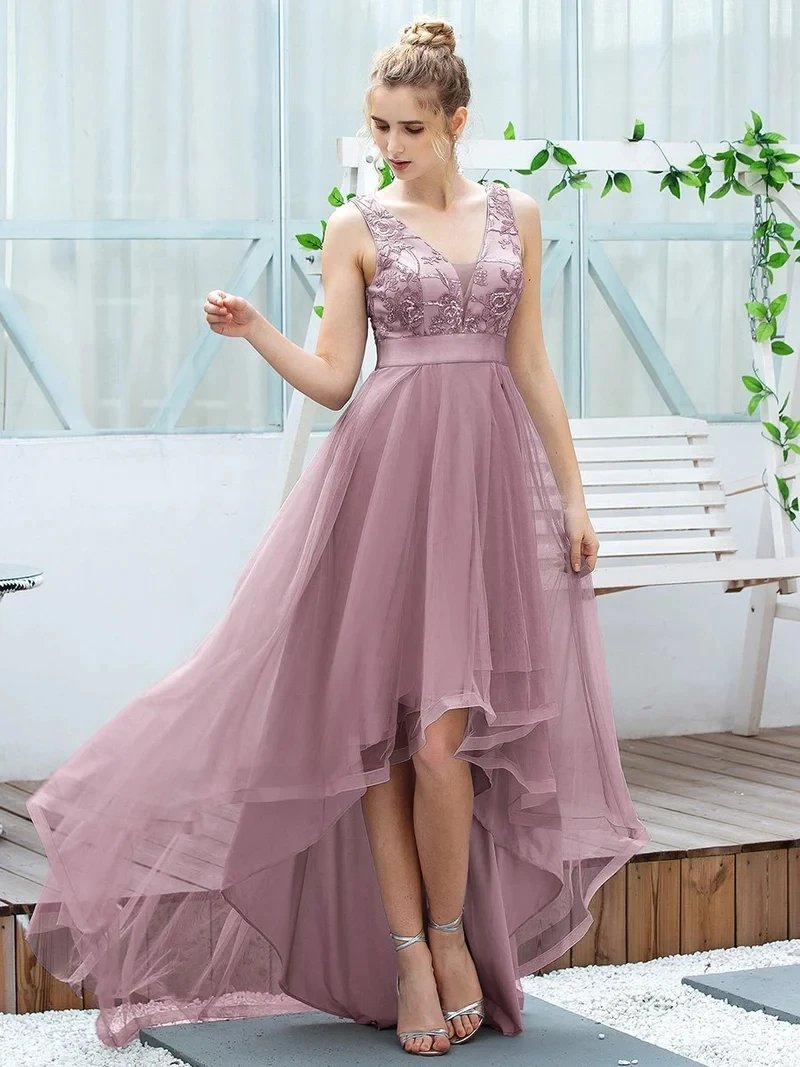 Elegant Evening Dresses Sleeveless High-Low V Neck Tulle 2024 Ever pretty of Prom Dresses with Navy Blue Sequin Appliques Gown