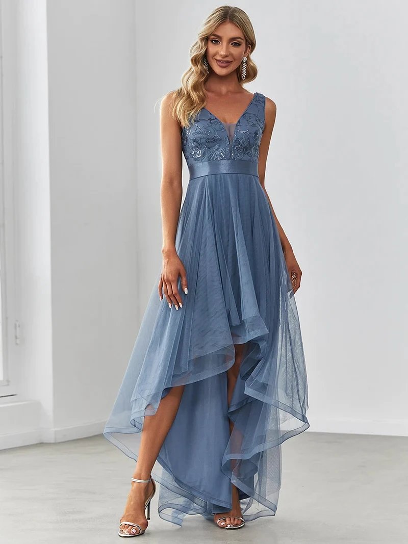 Elegant Evening Dresses Sleeveless High-Low V Neck Tulle 2024 Ever pretty of Prom Dresses with Navy Blue Sequin Appliques Gown