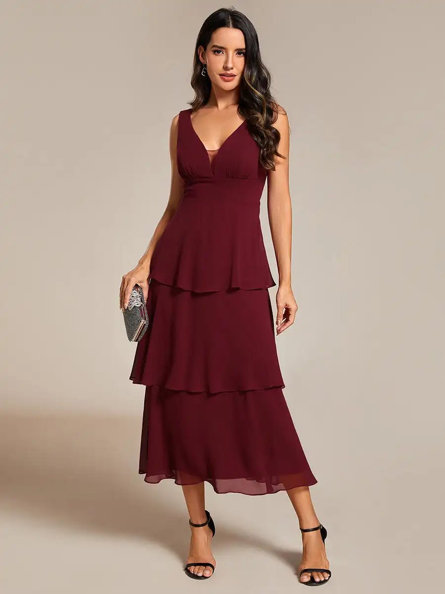 Elegant Evening Dresses Spaghetti Strap Tiered Ruffle Hem Midi Length 2024 Ever Pretty of Burgundy Wedding Guest Dress