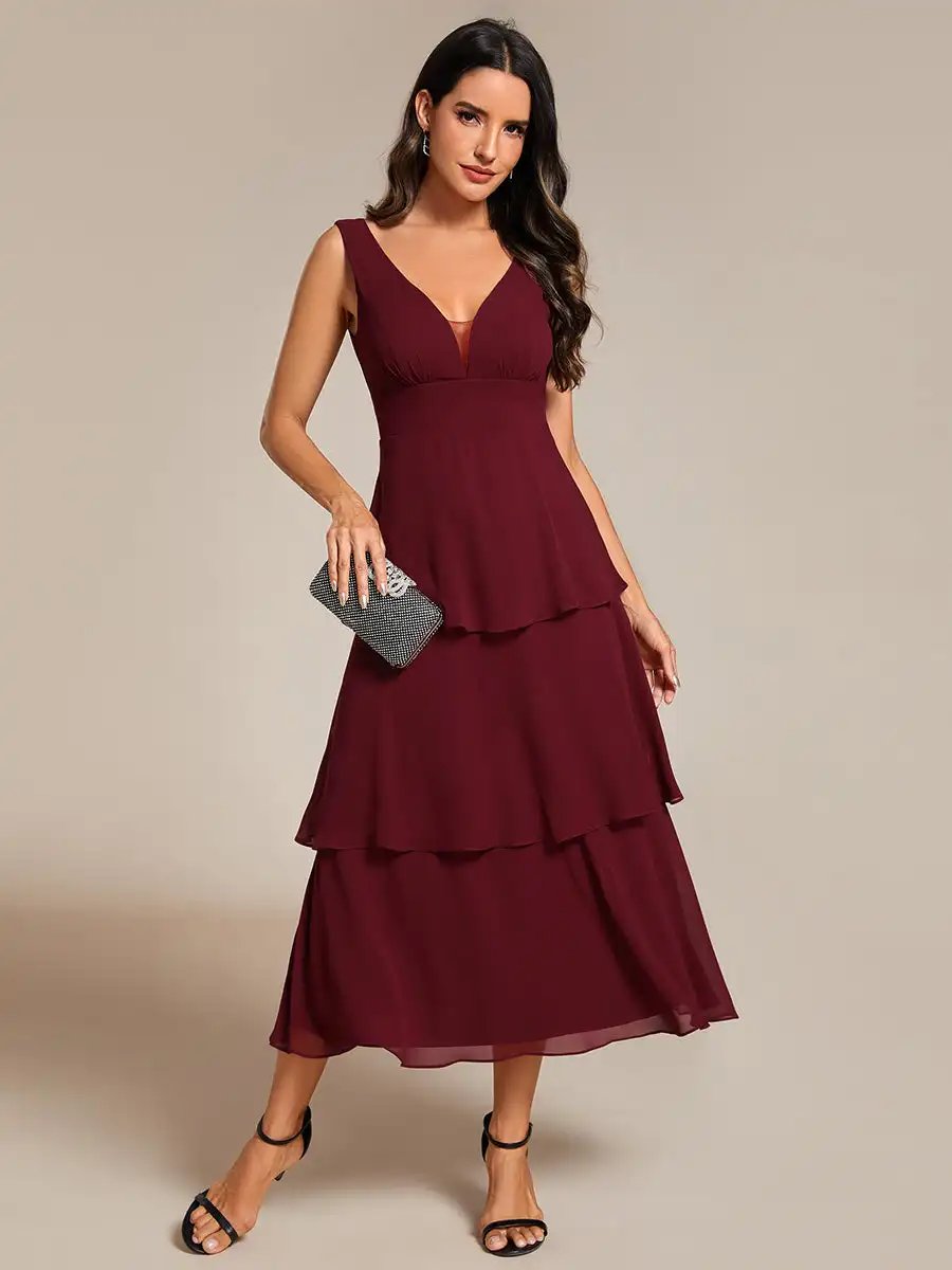 Elegant Evening Dresses Spaghetti Strap Tiered Ruffle Hem Midi Length 2024 Ever Pretty of Burgundy Wedding Guest Dress