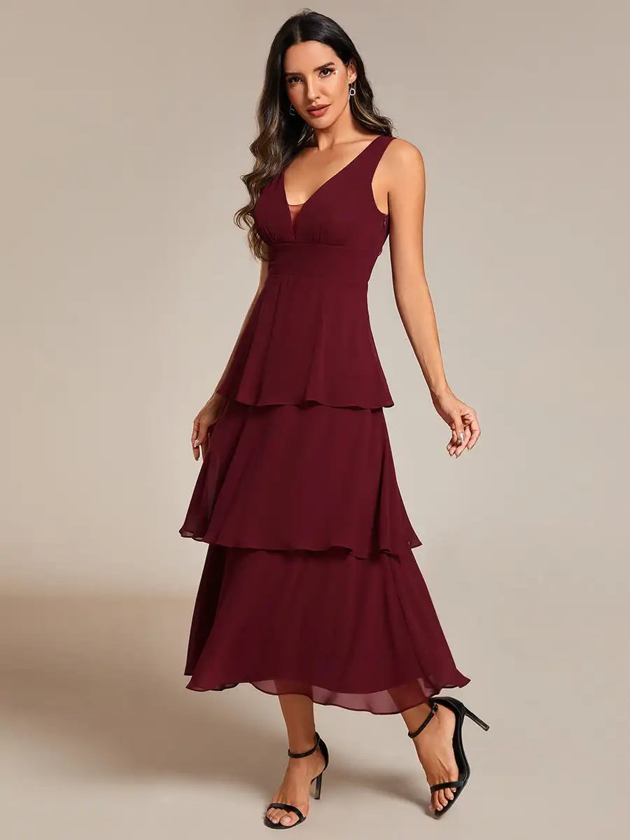 Elegant Evening Dresses Spaghetti Strap Tiered Ruffle Hem Midi Length 2024 Ever Pretty of Burgundy Wedding Guest Dress