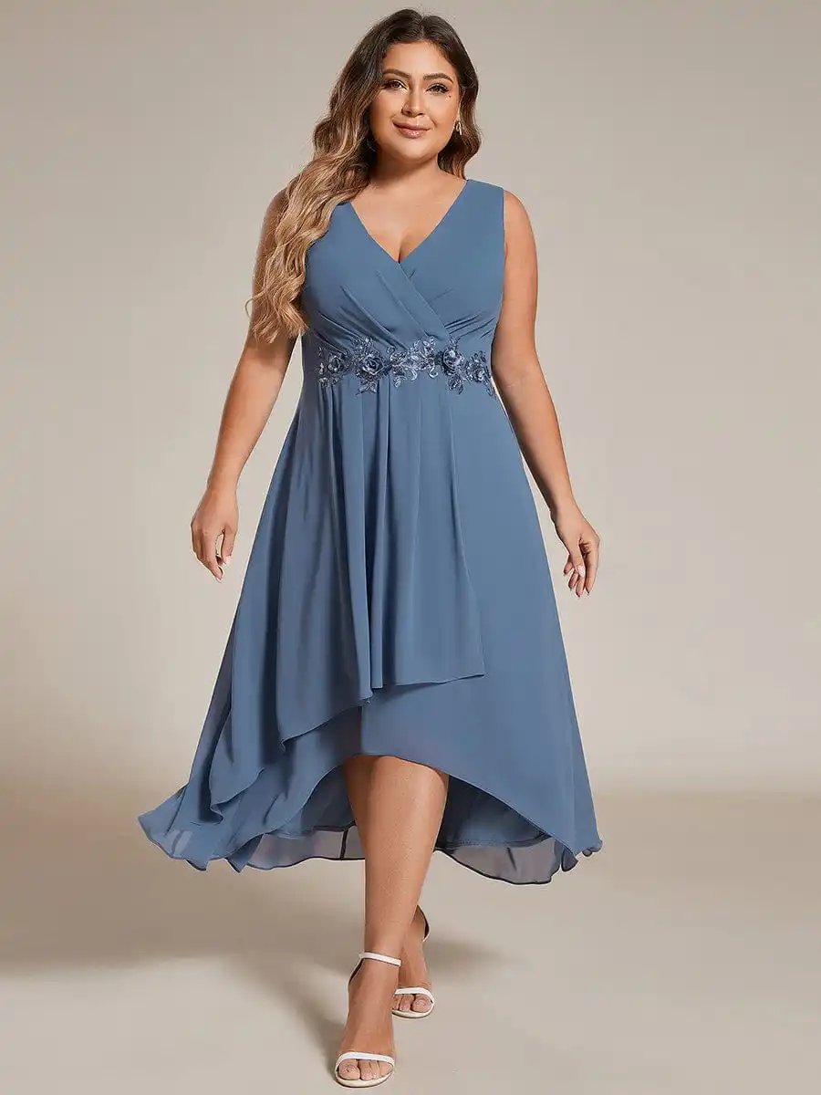 Plus Size Evening Dresses Sleeveless V-Neck High Low with Floral Applique 2024 Ever Pretty of Dusty Navy Wedding Guest Dress