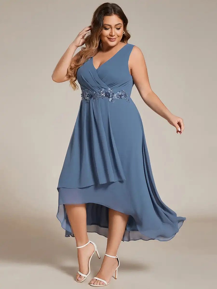 Plus Size Evening Dresses Sleeveless V-Neck High Low with Floral Applique 2024 Ever Pretty of Dusty Navy Wedding Guest Dress