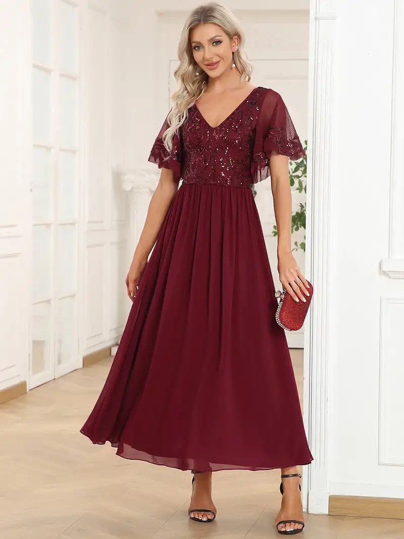 Elegant Evening Dresses Short Ruffles Sleeves V Neck Knee-Length 2024 ever pretty of Chiffon Burgundy Mother of the Bride Dress