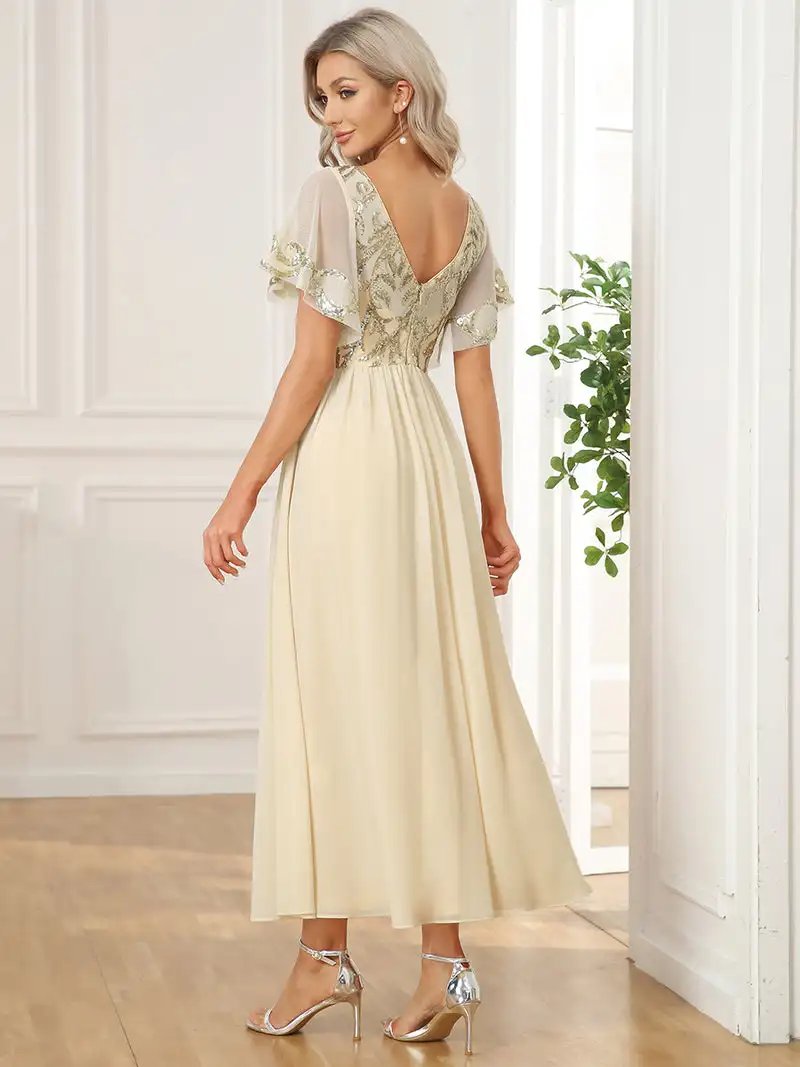 Elegant Evening Dresses Short Ruffles Sleeves V Neck Knee-Length 2024 ever pretty of Chiffon Burgundy Mother of the Bride Dress