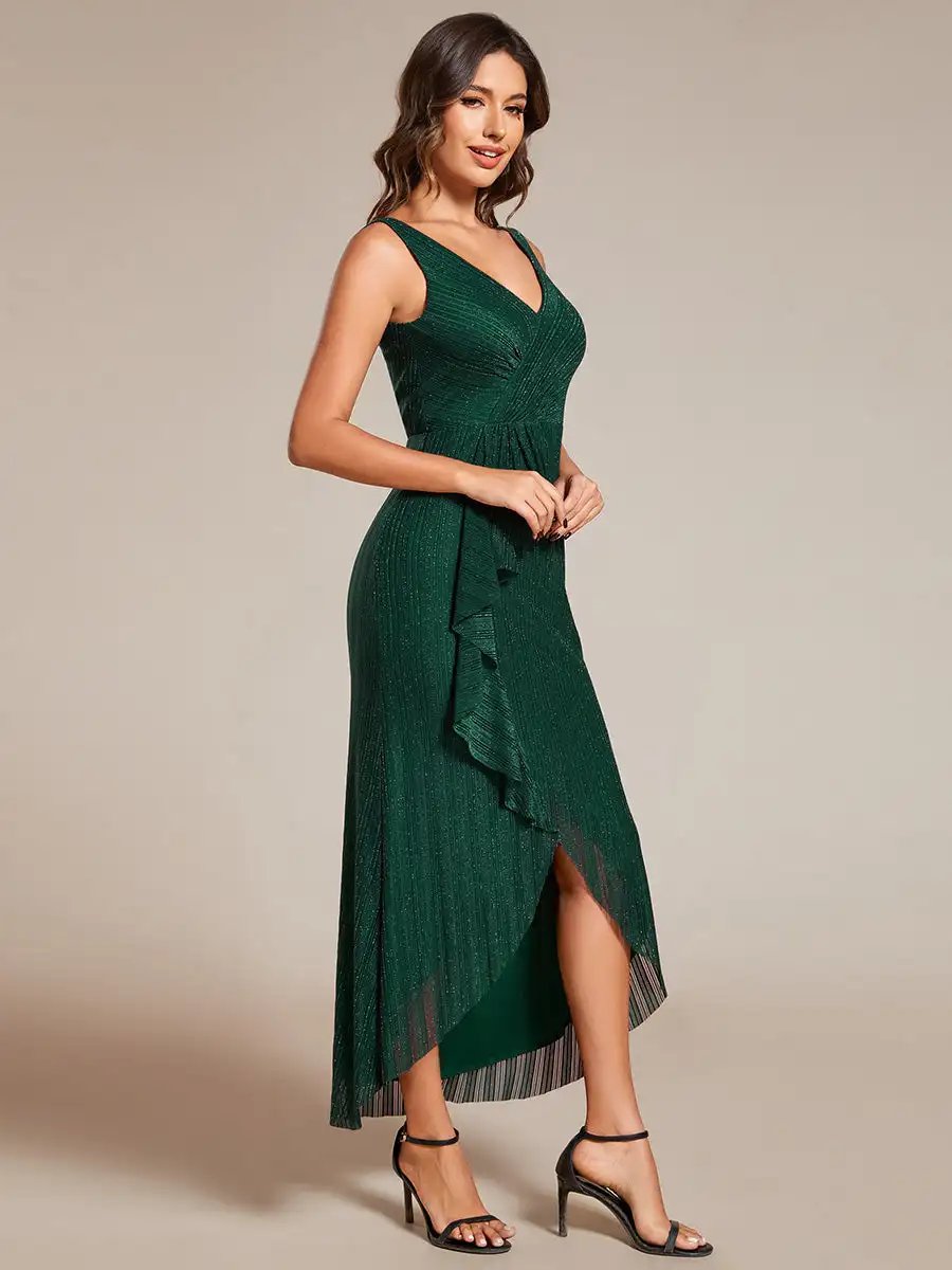 Gorgeous Evening Dresses High-Low Ruffle Mermaid with V-Neck Midi Length 2024 Ever Pretty of Dark Green Wedding Guest Dress